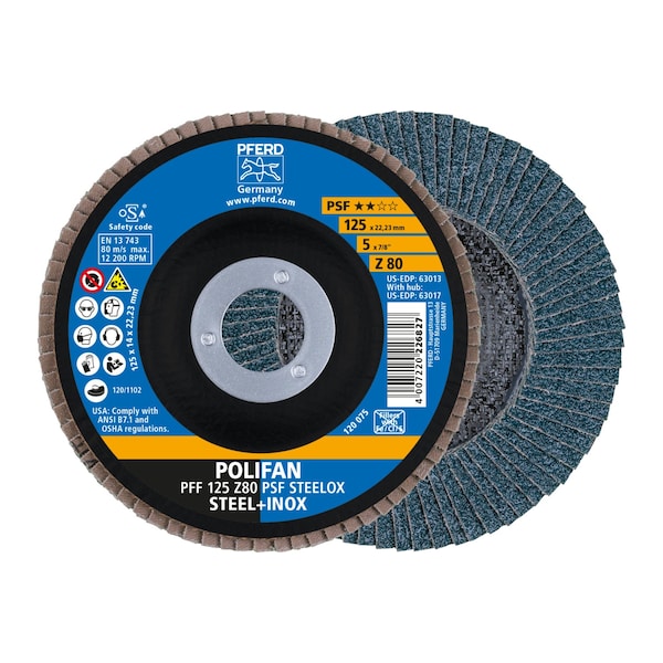 Pferd 5" x 7/8" A.H. POLIFAN Flap Disc - Z PSF STEELOX, Zirconia, 80 Grit, Flat 63013 - main